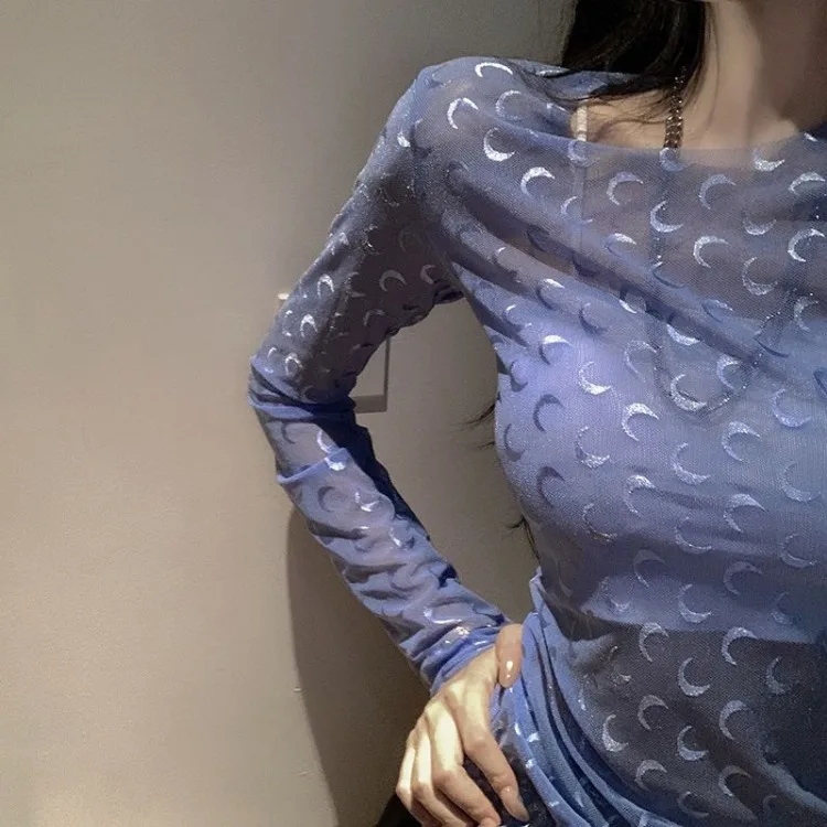 Fashion Moon See Through Mesh Bottoming T-shirts 2025 Summer Sexy Slim Fit Tops Women Y2k Grunge Long Sleeve Black Tee Shirt