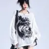 HOUZHOU Punk Letter Graphic T-shirts Women Oversized Off Shoulder Y2k Aesthetic Knitted Tops Korean Streetwear See Through Tees
