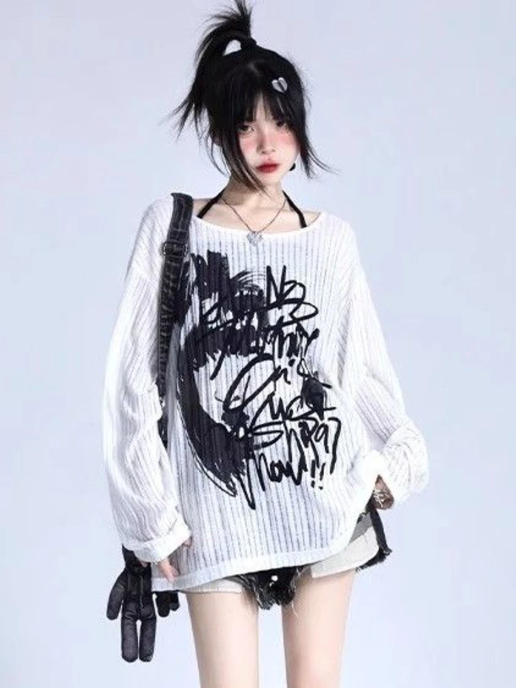 HOUZHOU Punk Letter Graphic T-shirts Women Oversized Off Shoulder Y2k Aesthetic Knitted Tops Korean Streetwear See Through Tees
