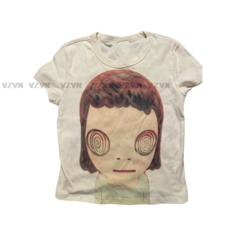 Y2k Kawaii cartoon doll printed Baby Tees 2000s Girls clothing crop tops 90s Vintage Kpop Emo Gothic Streetwear