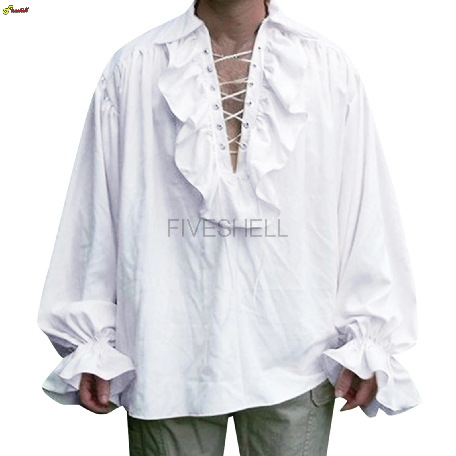 Medieval Mens Renaissance Costume Ruffled Shirts Long Sleeve Lace Up Steampunk Pirate Shirt Cosplay Stage Costume for Women