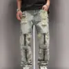 New Multi Zipper Pocket Washed and Perforated Jeans for Men and Women Street Personalized Straight Leg Retro Casual Pants y2k