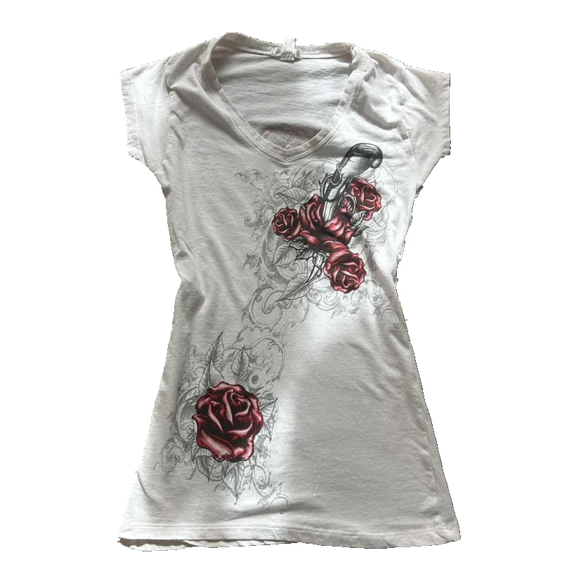 Floral Graphic Print Women T-shirt Y2k Cyber Grunge Emo Clothes E-girl Mall Goth Short Sleeve V Neck Crop Tops Harajuku Tees