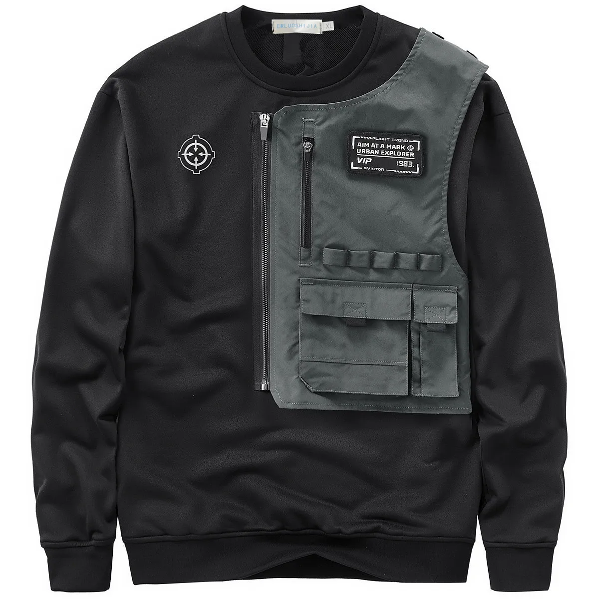 Fashion Men Black Techwear 100% Cotton Patch Stich Long Sleeve T-Shirts Autumn Mens Oversized Locomotive Style Tooling T Shirt