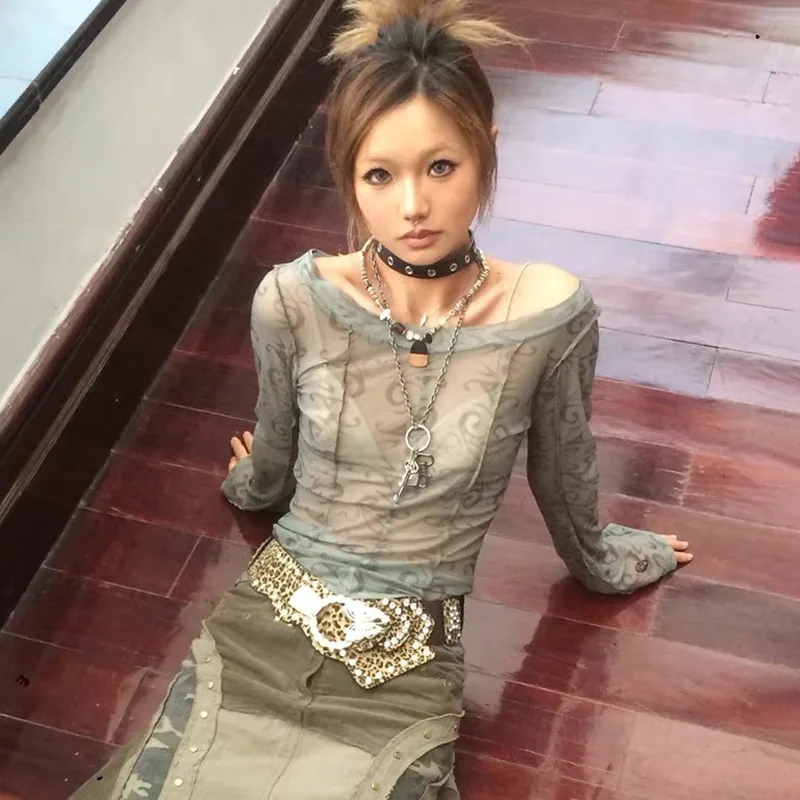 Karrram Grunge Aesthetics Mesh Tops Japanese Y2k Sheer Tops Vintage Harajuku See Through Crop Top Korean Fashion Tie Dye T-shirt - Image 4