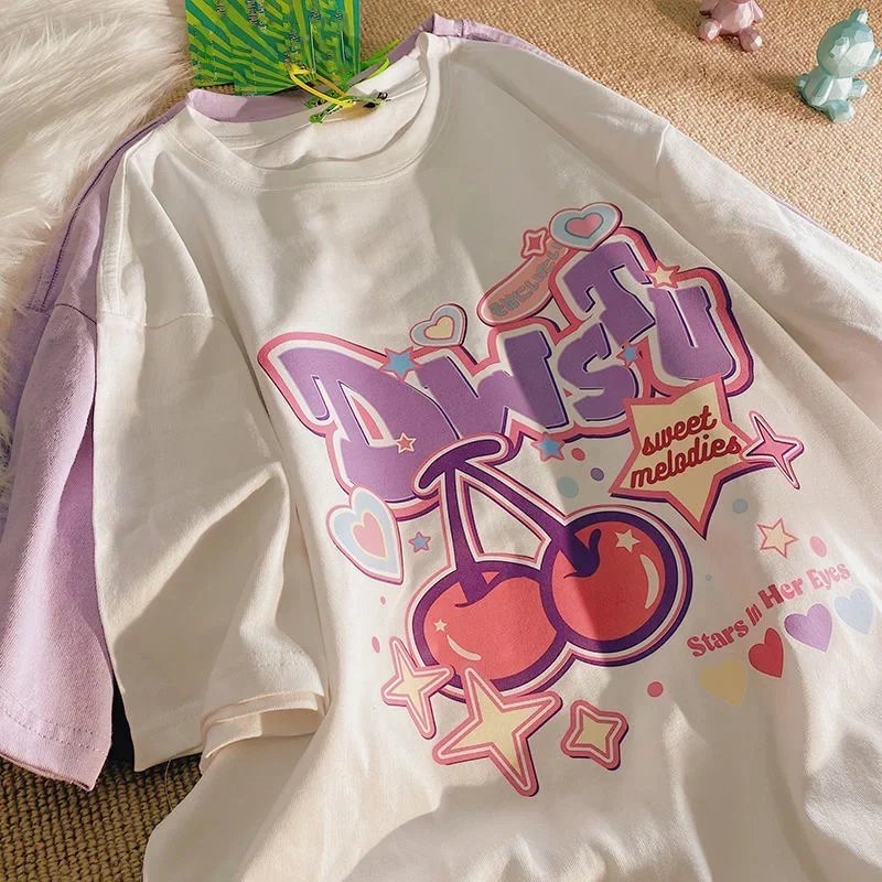 Women T Shirt Fruit Print Harajuku Tshirt Loose Short Sleeve Cute Kawaii Oversized Tee Clothes Y2k Top Anime Graphic T-shirt