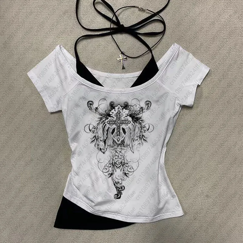 Y2k Retro style Maillard fashion aesthetics women summer Fake two items sexy slim Short sleeve gothic 2024 Harajuku streetwear