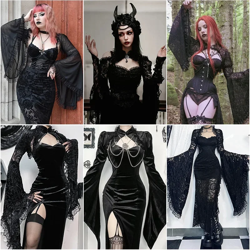 Gothic Women T-shirts Black Lace Long Sleeve Sexy Tees 2024 New Halloween Y2K Grunge Punk Lolita Fairy Core Party Crop Tops
