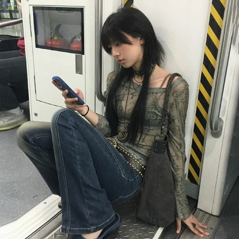 Karrram Grunge Aesthetics Mesh Tops Japanese Y2k Sheer Tops Vintage Harajuku See Through Crop Top Korean Fashion Tie Dye T-shirt - Image 2