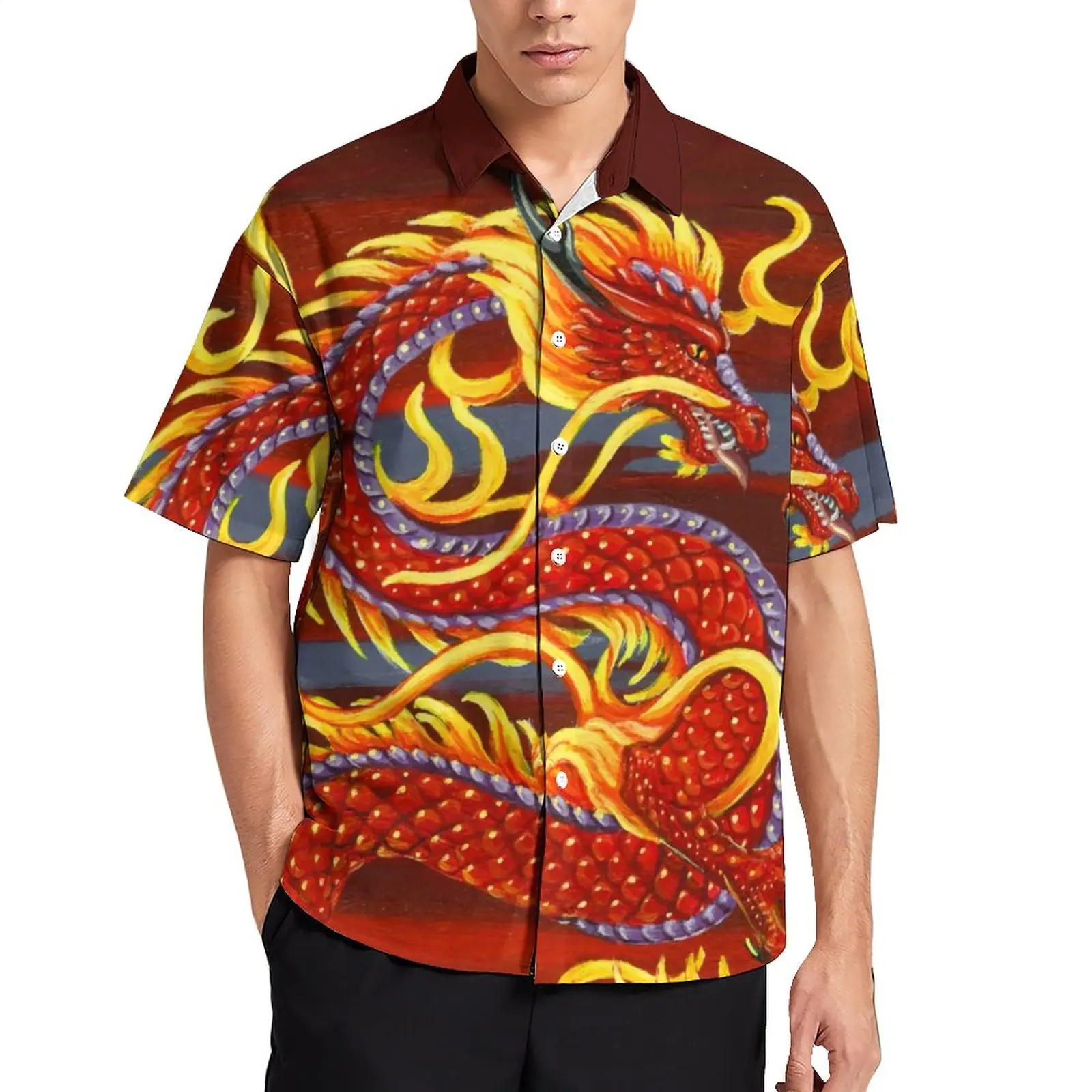 Hawaiian Dragon Pattern Men's Shirt Summer Oversized Short Sleeve Elegant Dress Casual Breathable Camping Dazn Gothic Clothes