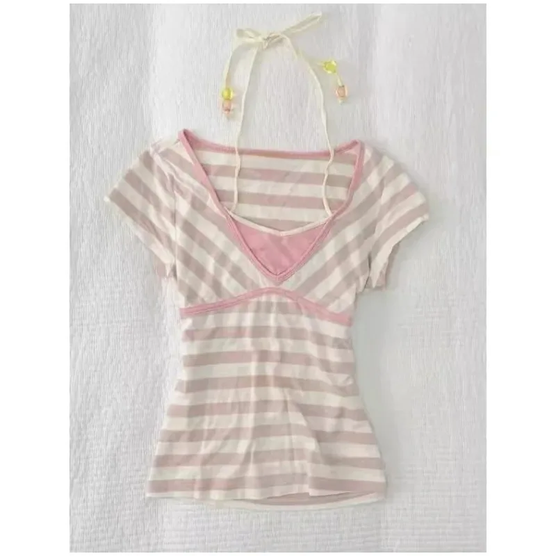 Japanese Y2k Pink Stripe V-collar Short-sleeved T-shirt Summer New Subculture False Two Women's Tees Sweet Spicy Slim Blouse