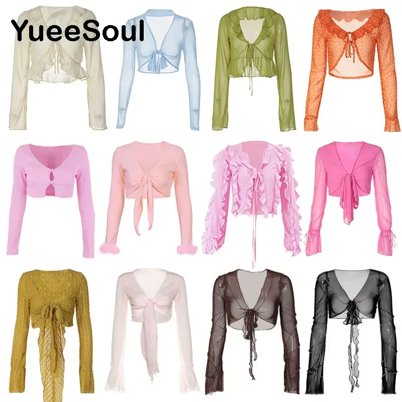 Y2K Vintage Women T-shirts Sexy Deep V Neck See-Through Long Sleeve Crop Tops 2023 New High Street Casual Slim Women Clothes