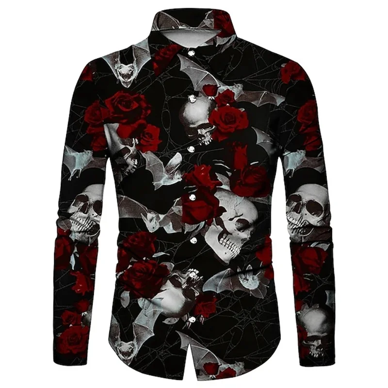 Mens retro rose skull pattern mens shirt 3D printed Gothic skull long sleeved shirt mens clothing casual hip-hop button up shirt