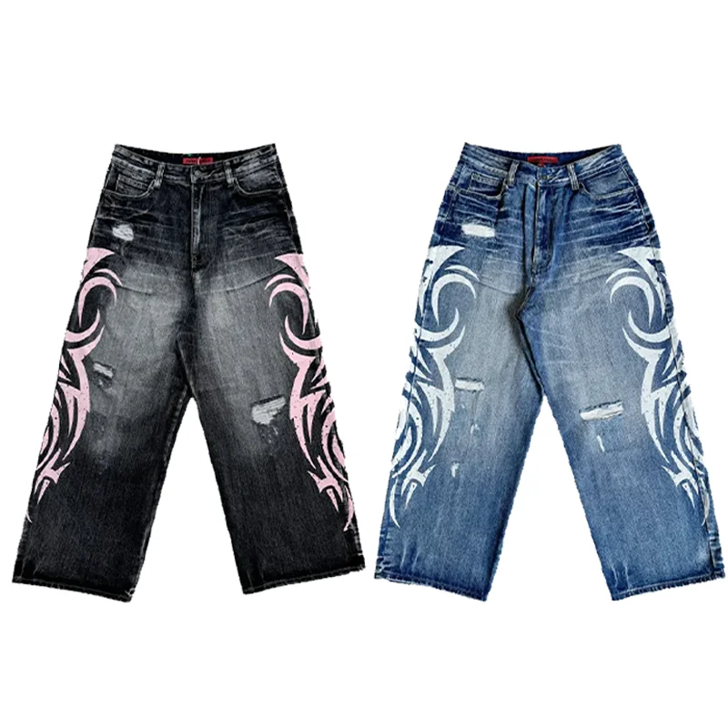 Y2K Baggy Jeans Gothic vintage printing Pattern Washed ripped jeans Hip Hop Streetwear Harajuku men women Casual wide leg jeans