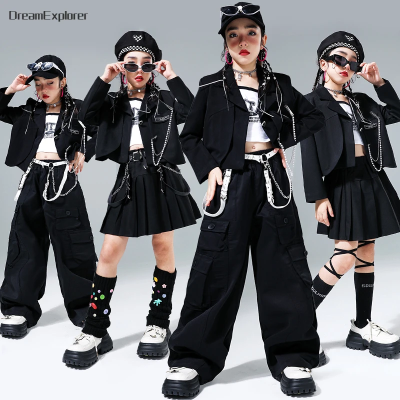 Hip Hop Girls Crop Jacket Street Dance Cargo Pants Kids Streetwear Fashion Blazers Skirts Children Jazz Costumes Clothes Sets