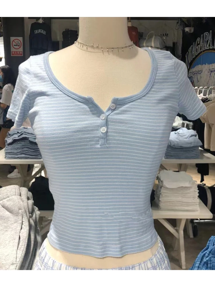 Women Classic Striped Slim Crop Top Summer Button O-Neck Soft Cotton Short Sleeve T-shirts Chic Sweet Fashion Y2k Tops Women