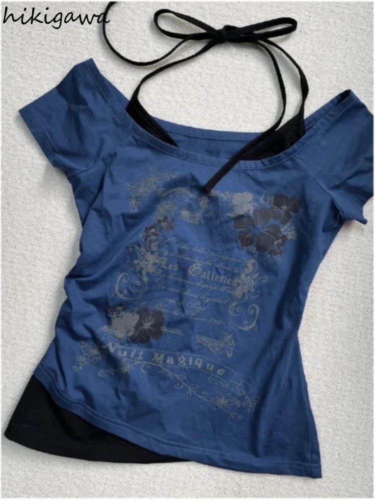 Vintage T Shirts for Women Fake Two Tunic Summer Tees Fashion Korean Camisetas Y2k Tops Casual Print Tshirts 2024 Ropa Mujer