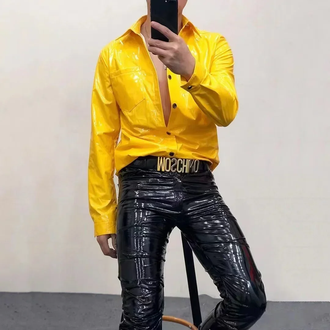 Men's Gothic Faux Latex Jacket Punk Laple Neck Patent Leather Suit Coat Male Long Sleeve Button T-shirt Coat Custom Clubwear New