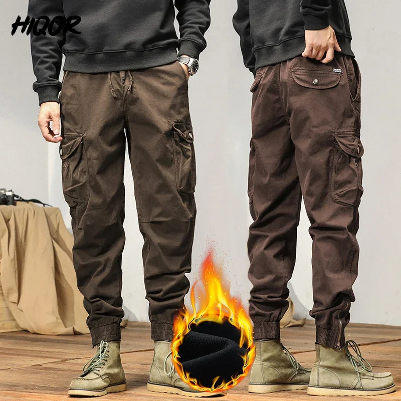HIQOR 2024 New Cargo Pants Men Winter Man Y2k Harem Tactical Pants for Men Outdoor Fleece Multi-Pockets Cotton Casual Trousers