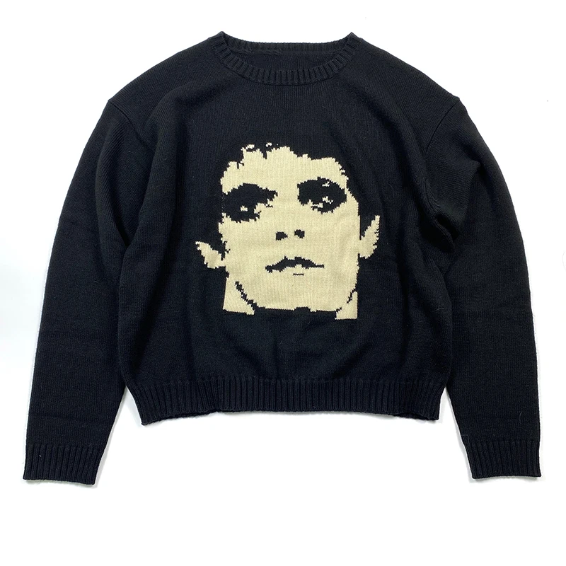 Gothic extinct portrait Print Pullover Hip Hop Streetwear Knitted Oversized Sweater Men Winter Harajuku Cotton sweater Unisex