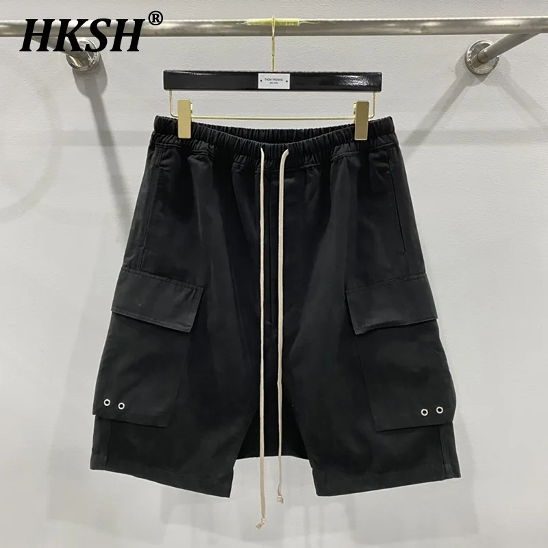 HKSH Men's Tide Dark Punk Ro Style Classic Workwear Double Pocket Halen Pants Elastic Waist Shorts Fashion Streetwear New