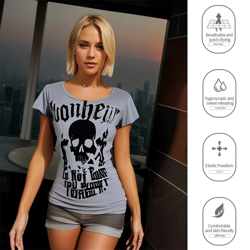 Y2K Women clothing Vintage T-shirts Skeleton Letter Print Woman Clothing American Retro Punk Slim Top Trend Gothic Pulovers Tees