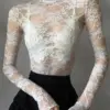 Transparent Lace Crop Top Women Elegant Sexy Solid White Long Sleeve Slim T-shirt Korean Fashion Shirts y2k Aesthetic Tee