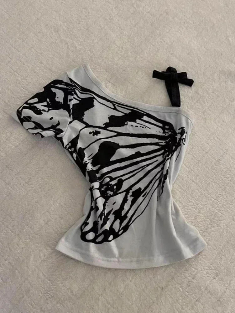 2025 Summer Sexy One Off Shoulder Y2k Aesthetic T-Shirts Streetwear Vintage Gray Printing Slim Tshirts Harajuku Bottoming Tops