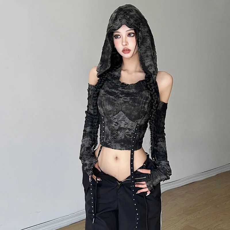 2024 Summer Long Sleeve Hooded T-shirts Off Shoulder Sexy Harajuku Tshirts Women Y2k Aesthetic Fashion Streetwear Belt Crop Top