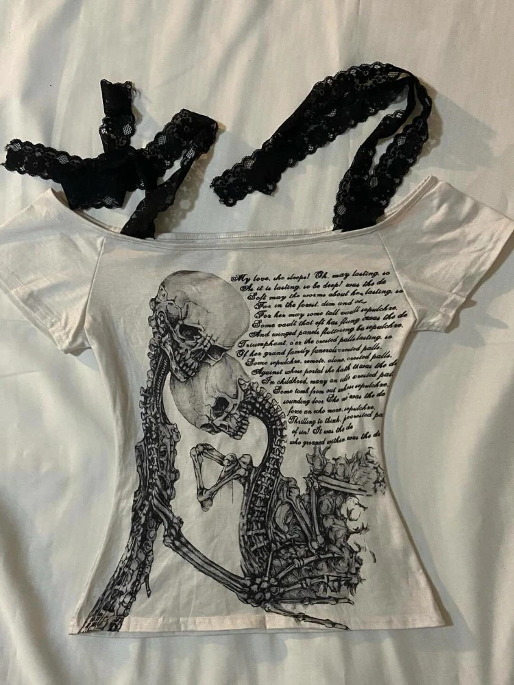 Harajuku Lace Patchwork Bandage Crop T-Shirts Women Slim Skull Letter Print Y2k Aesthetic Tees Vintage Grunge Bottoming Tshirts