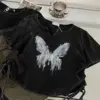 Summer New Harajuku Butterfly Print Grunge T-shirts Loose Fashion Streetwea Crop Tops Women Y2k Aesthetic Casual Drawstring Tees