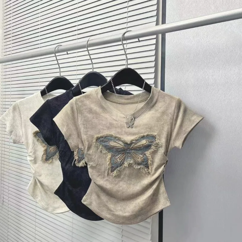 Butterfly Women T Shirt Korean Crop Top Summer Short Sleeve Tees Tshirts Femme Slim Drawstring Y2K Ladies Appliques Clothing