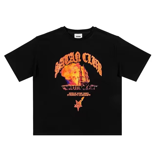 Men T-Shirt Satan Club Graphic Cotton Short Sleeve Tops Tees Printed Oversized Korean Fashion Harajuku Y2k Streetwear Clothing