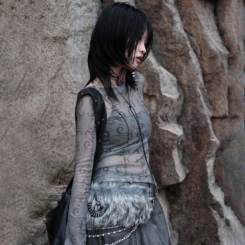 Karrram Grunge Aesthetics Mesh Tops Japanese Y2k Sheer Tops Vintage Harajuku See Through Crop Top Korean Fashion Tie Dye T-shirt - Image 6