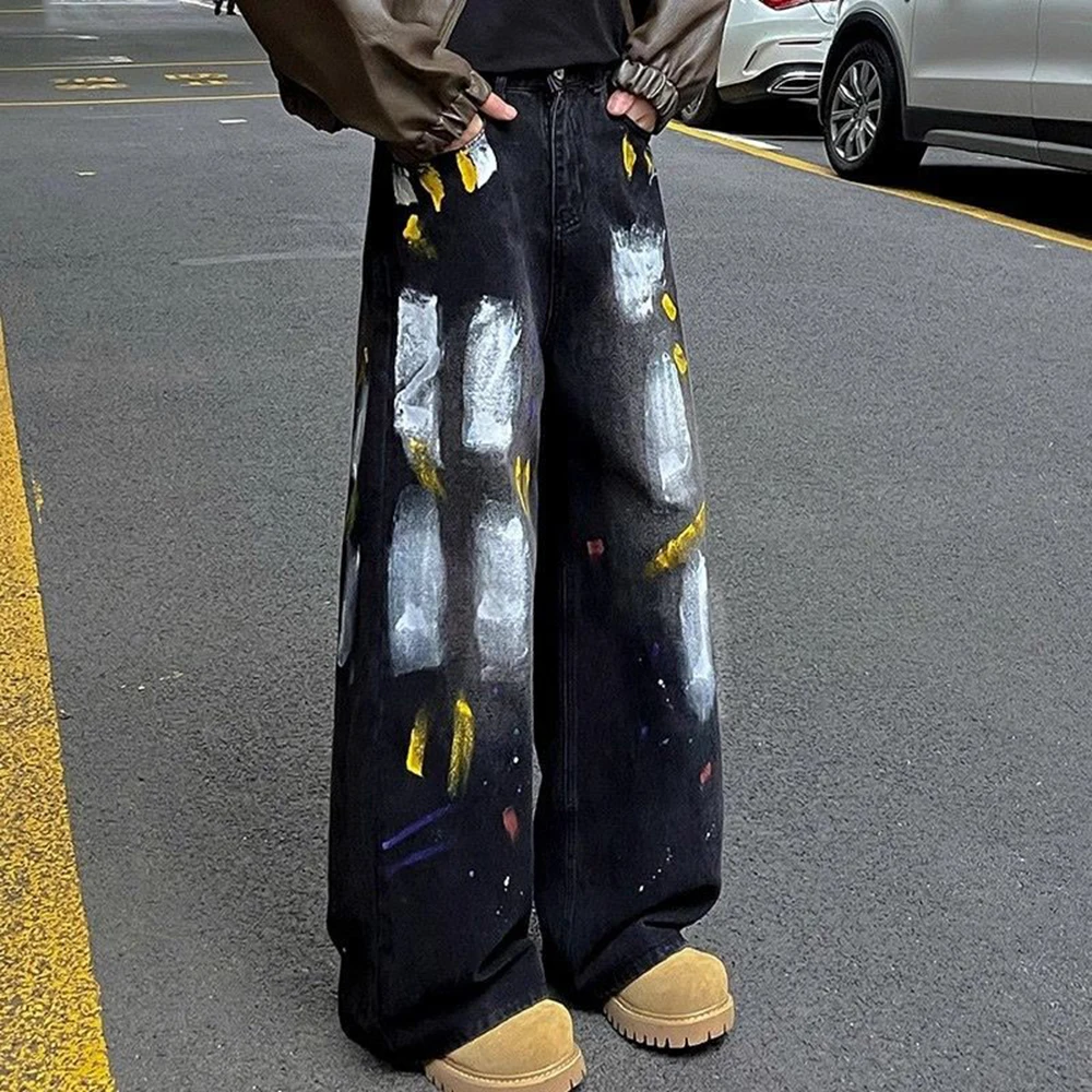 Men Jeans Graffiti Contrast Color Casual Pants Spring Streetwear Fashion Youth Campus Trousers Old Money Men'S Clothing 2025 New