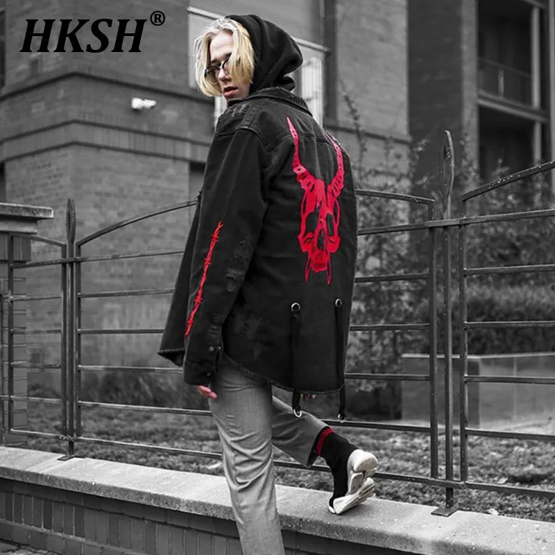 HKSH Men's Tide Punk Spring And Autumn New Print Jackets Loose Size Skull Denim Coat Fashion Dark Single Breasted Vintage