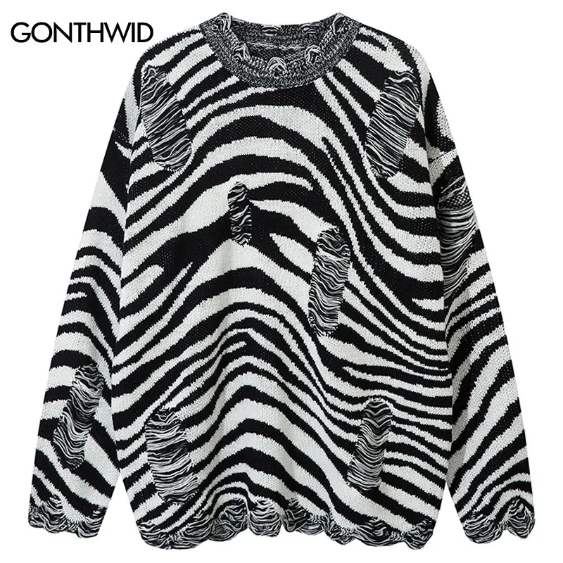 Hip Hop Oversized Sweater Y2K Grunge Knitted Ripped Holes Striped Sweaters Harajuku Punk Gothic Long Sleeve Jumpers Black White