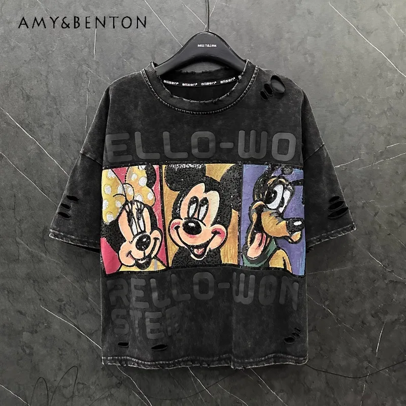 Spring Summer New Cartoon Design Sense Hole Short-sleeved T-shirt Women's Loose Casual Style Versatile Small Top Harajuku Tees