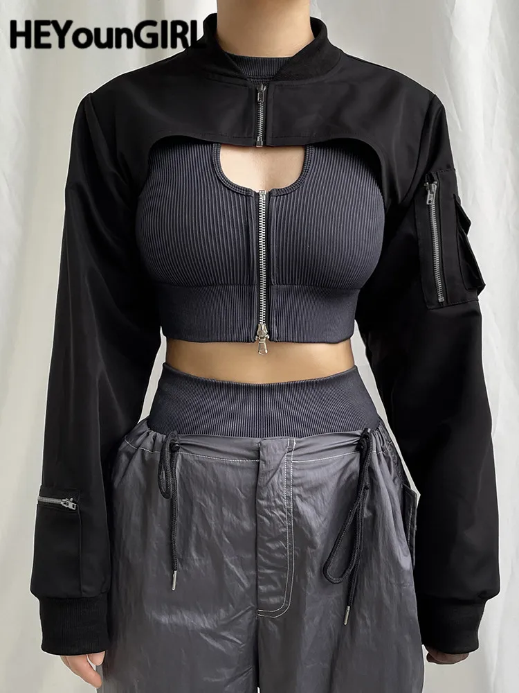 HEYounGIRL Super-short Black Jacket Zipper Long Sleeve Harajuku Cropped Tshirt Gothic Techwear Fashion Korean Tee Punk Street