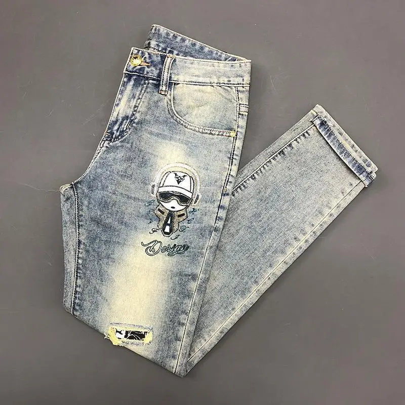 2024 Spring Autumn Casual Slim Denim Jeans for Men Full Length Pants with Patchwork Hole and Print Cowboy Designer Men's Jeans