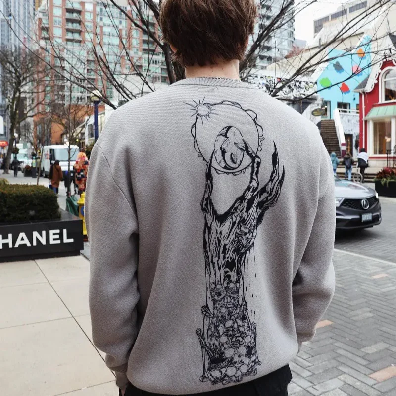Jumper Vintage Knit Gothic Streetwear Sweater Men's Harajuku Fashion Pullover Punk Geometric Print Graphic