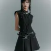 Y2k Aesthetic Stand Neck Sleeveless Dress 2025 Women Streetwear Zipper Mini Dresses Harajuku Black Belt Grunge Pleated Vestidos