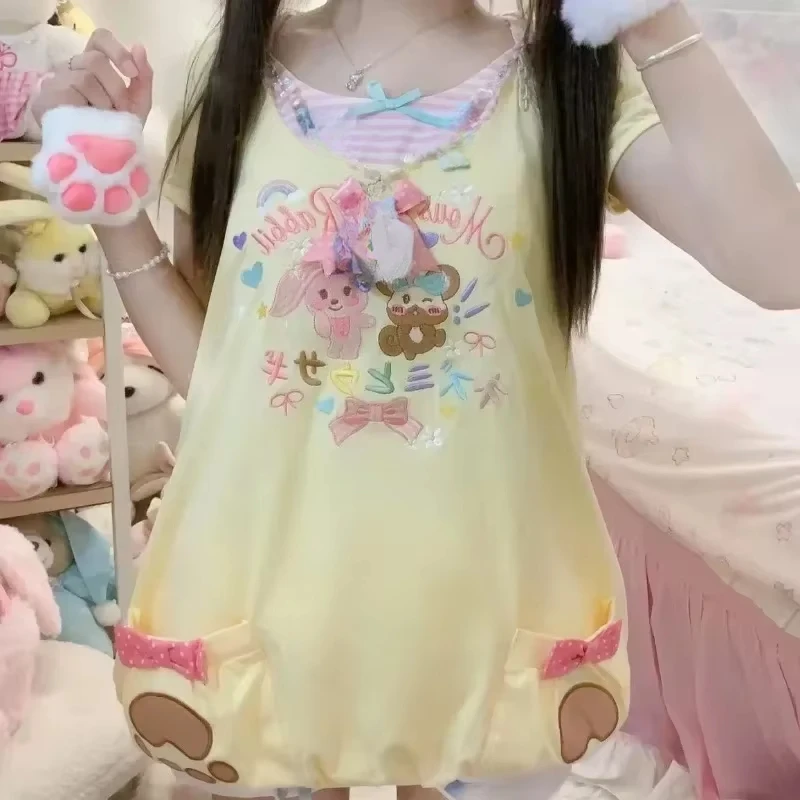 Japanese Kawaii Cartoon Print T-shirt Women Cute Bow Bunny Ear Hooded Stripe Top Harajuku Y2k Aesthetic Grunge Tee Shirts Summer