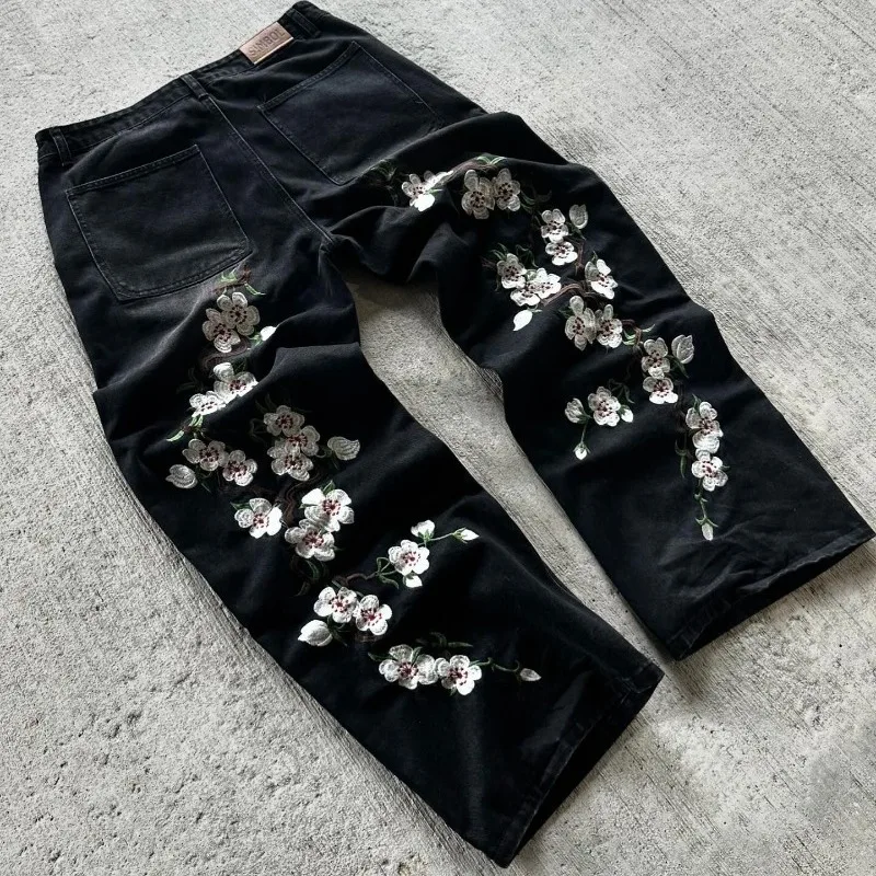Y2K Baggy Jeans vintage Embroidery High quality cherry blossom pattern jeans Hip Hop streetwear men women Casual wide leg jeans