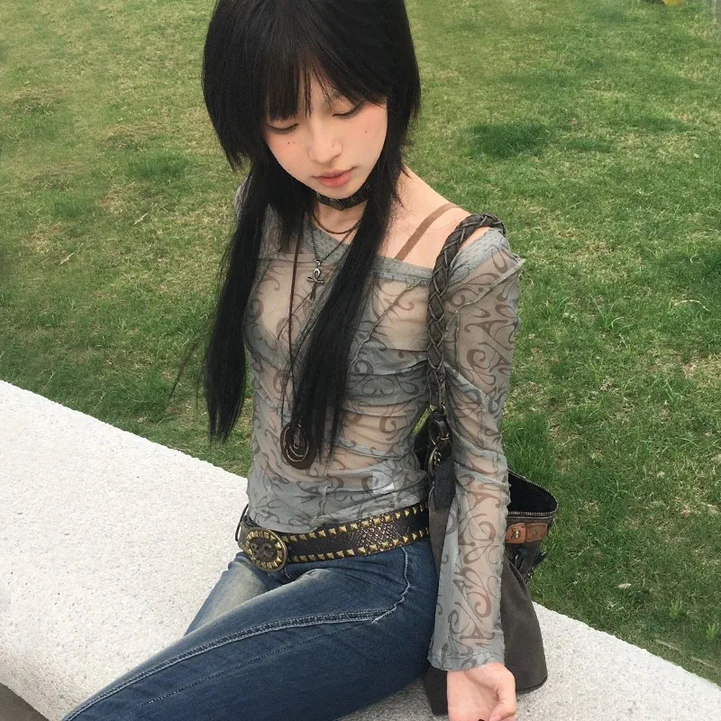 Karrram Grunge Aesthetics Mesh Tops Japanese Y2k Sheer Tops Vintage Harajuku See Through Crop Top Korean Fashion Tie Dye T-shirt - Image 3