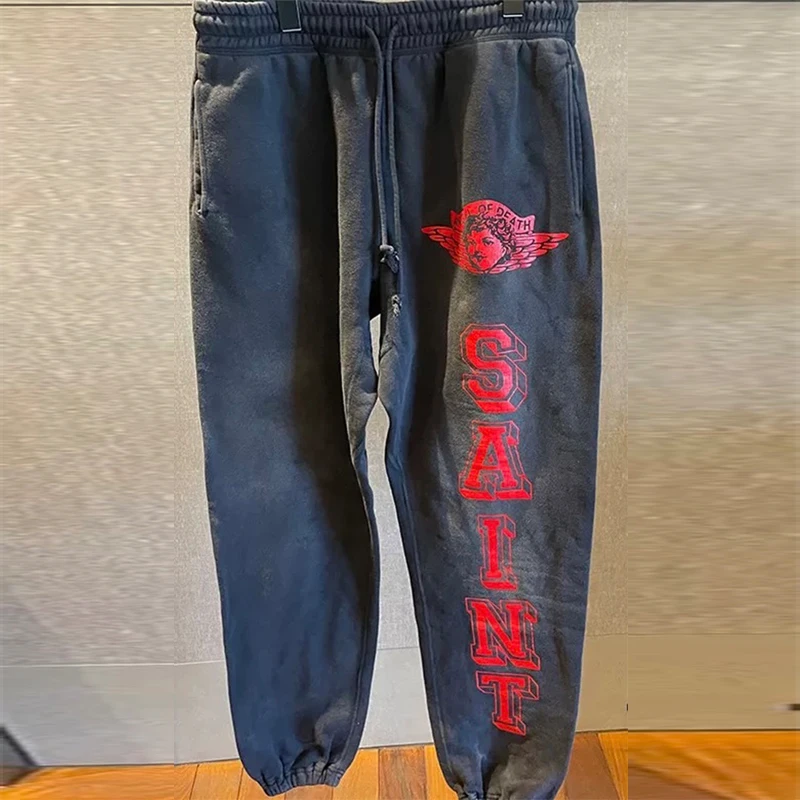 Classic Red Letter Print Saint Sweatpants Men Women High Quality Jogger Drawstring Casual Pants Vintage Washed Black Trousers - Image 3