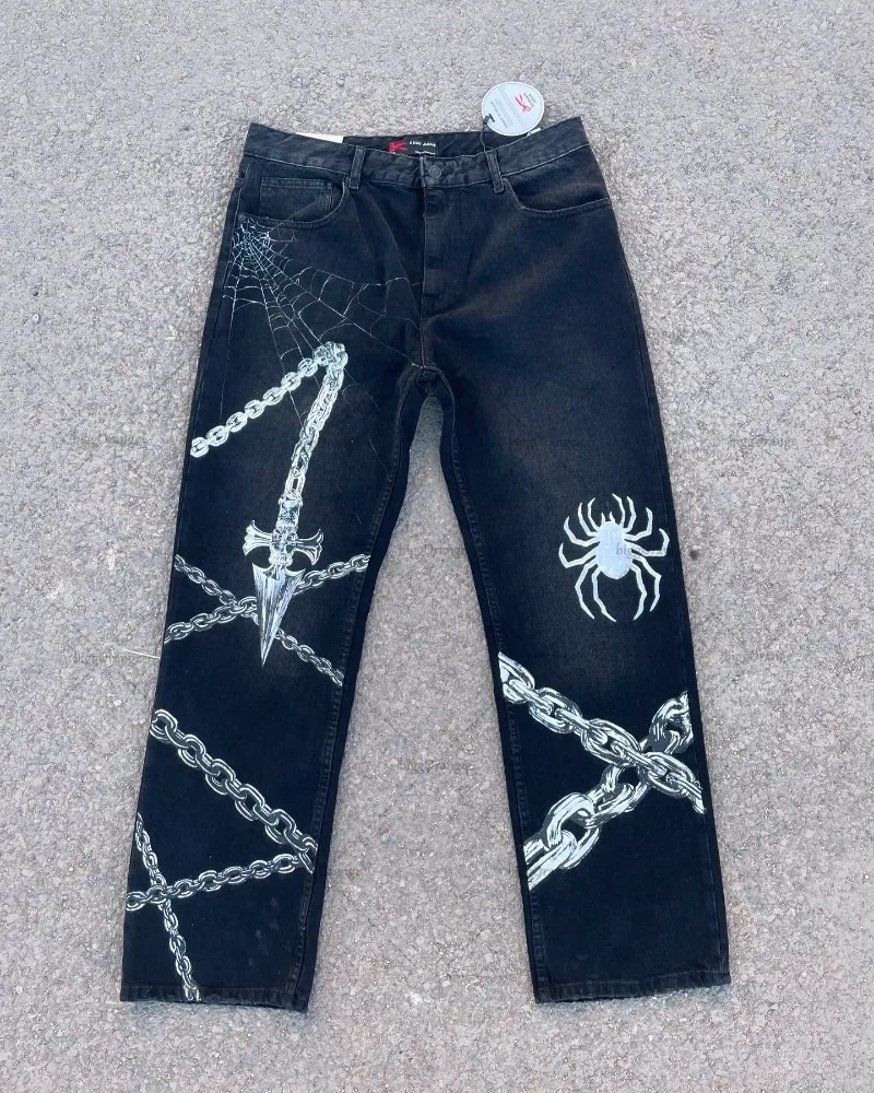 American Retro Y2K Chain Design Casual Loose Straight Wide-leg Pants Women Street Hip-hop Fashion Versatile Trousers Jeans Men