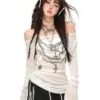 Y2k Women T Shirts Print Slash Neck Long Sleeve Tees Ropa Mujer Off Shoulder Drawstring Tunic Tshirt See Through Sexy T-shirts