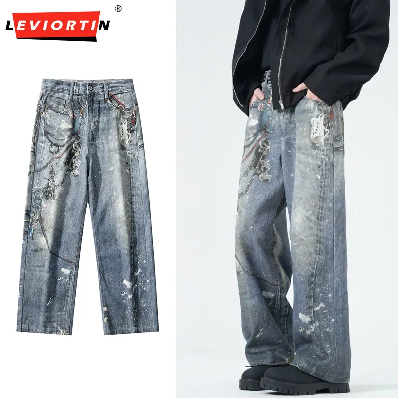 High Street Men Curved Knife Jeans Pants Urban Streetwear Distressed Burnt Salt Acid Wash Loose Straight Leg Casual Denim Pants