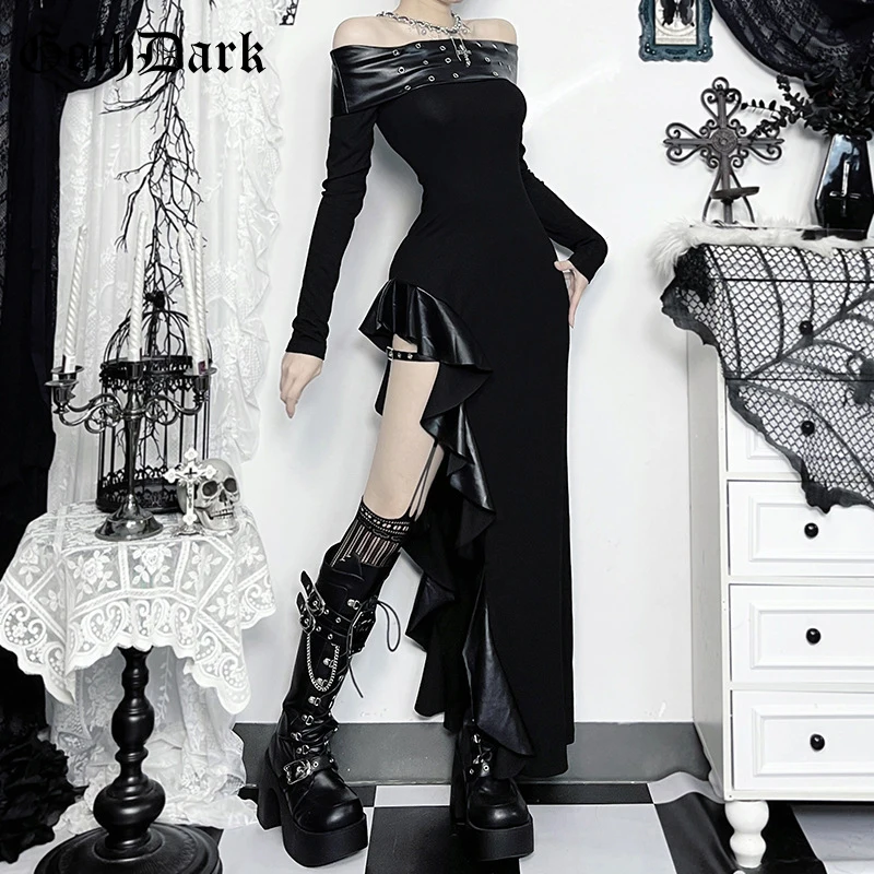 Goth Dark Punk Fashion Techwear Faux Pu Leather Patchwork Ruffles Irregular Hem Dress Mall Gothic Slash Neck Split Dresses Women